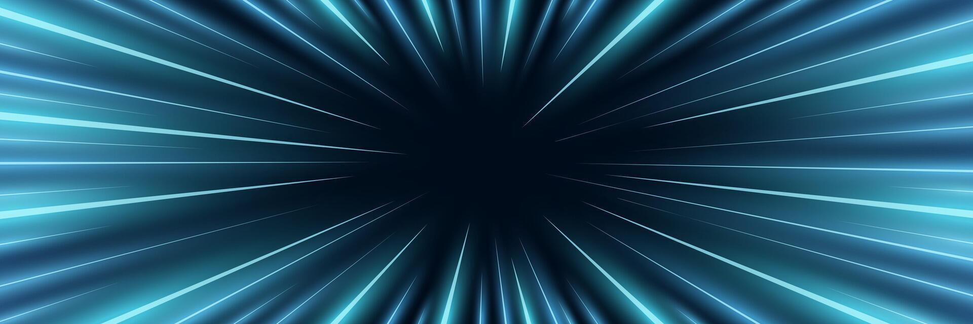 Glowing speed lines burst from center. Dynamic radial motion effect with neon streaks creating a futuristic sci-fi tunnel illusion. Perfect for hyperspace, racing or action backgrounds. vector