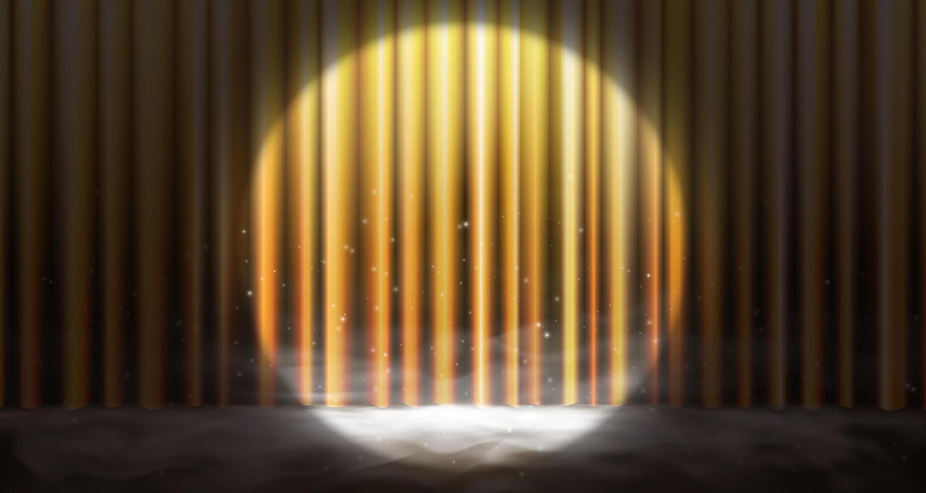 Realistic gold theater curtain illustration. Shiny silk drape with soft waves, glowing spotlights and sparkles. Perfect for stage backgrounds, award ceremonies or luxury event designs. vector