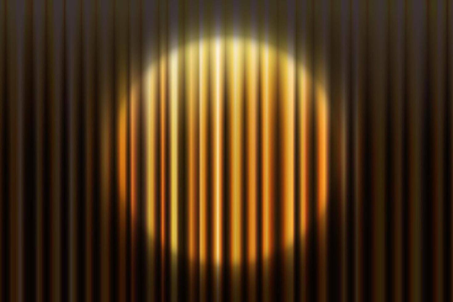 Realistic golden curtain background with round spotlight on stage. illustration silky drape for theater performance, art concert or cinema award ceremony. Luxury satin texture with smooth folds vector
