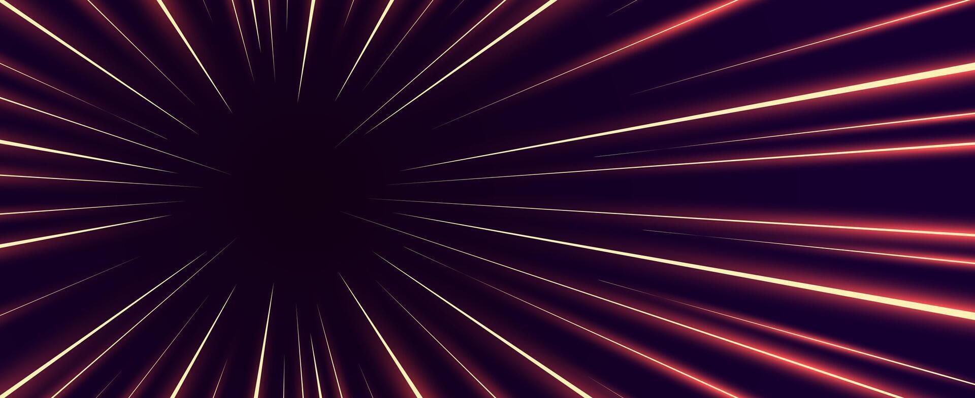 Speed light burst effect. Dynamic radial motion streaks shoot outward from center left, glowing in a futuristic neon explosion. Great for hyperspace, racing, scifi tunnels or fast action designs. vector