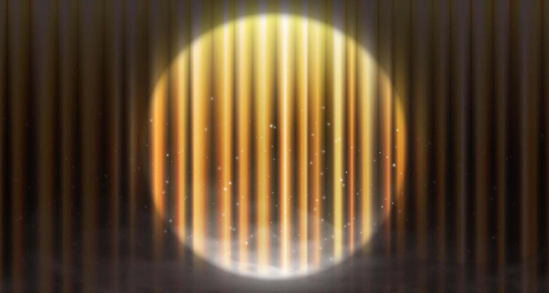 Luxury gold theater curtain illustration. Realistic silk drape with glowing spotlights, sparkles and haze. Perfect for stage backgrounds, award ceremonies or elegant event designs. vector