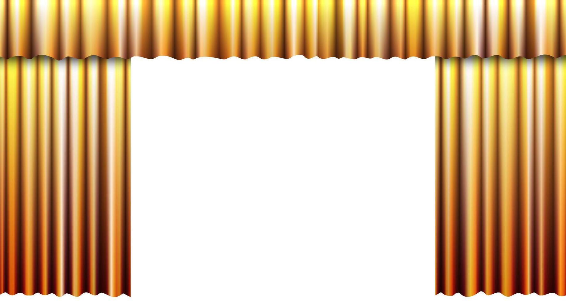 Opened luxury gold wavy curtain stage backdrop. Grand theater event with velvet fabric drape for opening ceremony. illustration of cinema premiere or presentation with isolated elegant drapery. vector