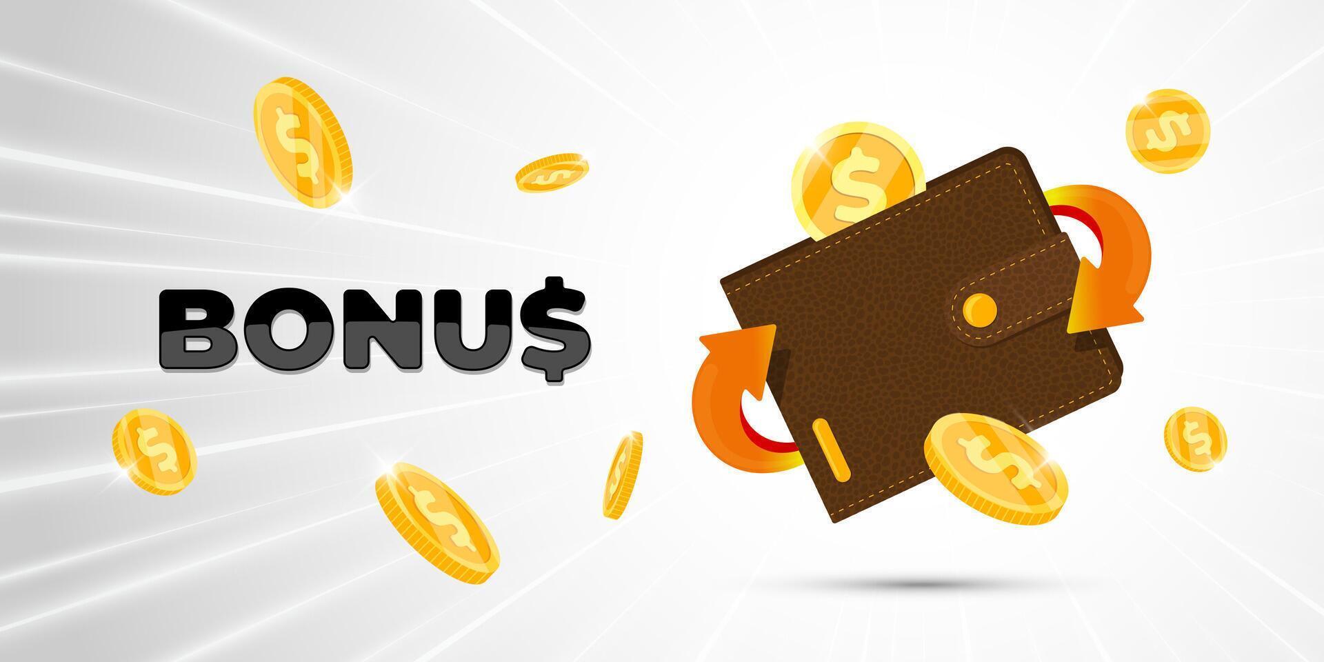 3D cashback wallet with golden coins and arrows. illustration of money return bonus, digital payment, promo discount or shopping reward. Perfect for finance, banking and marketing design. vector