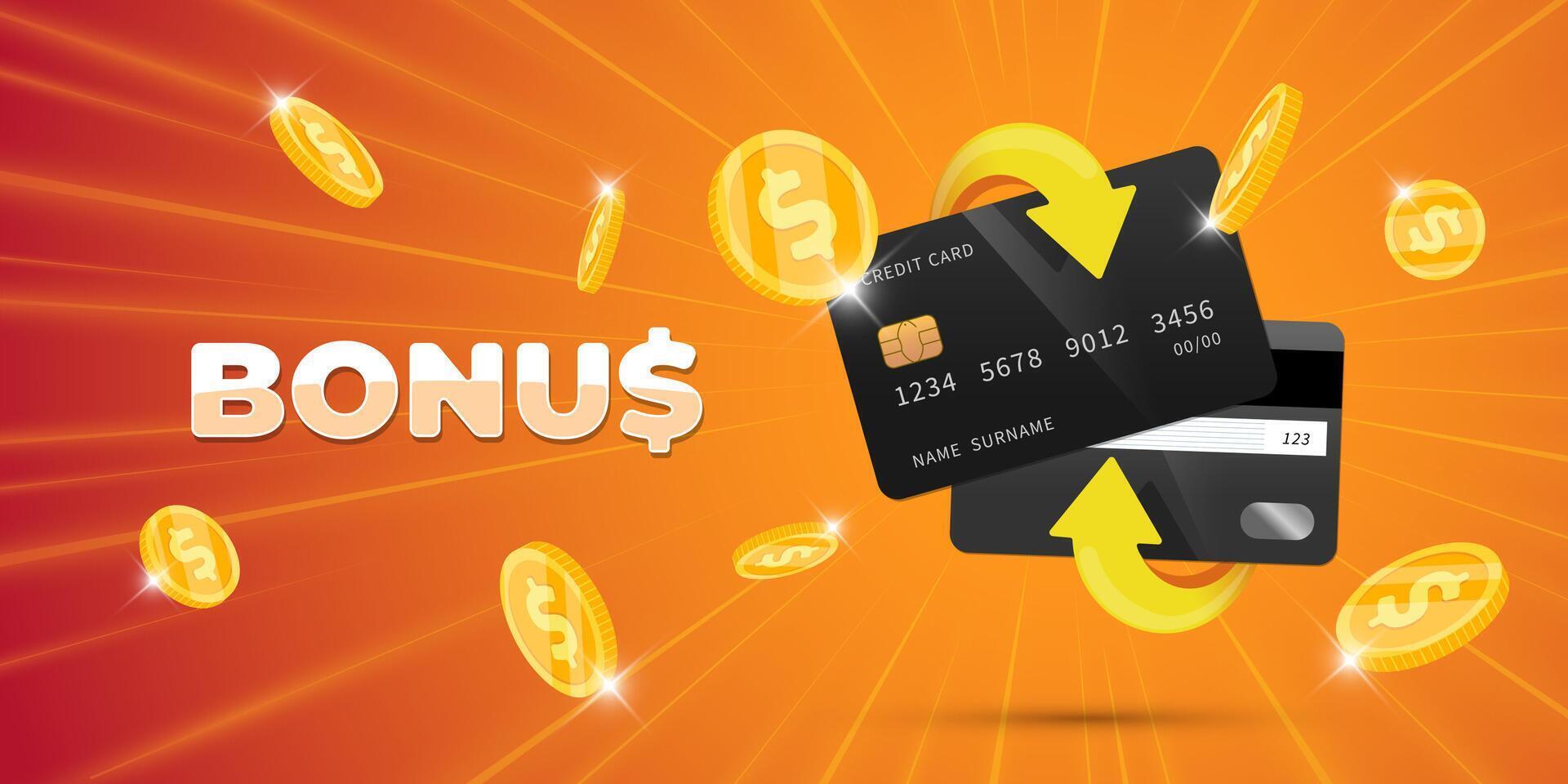 3D cashback bonus bank credit card with flying coins and arrow. flyer for digital payments, loyalty programs, shopping rewards or promo sales. Perfect for finance, banking and online marketing. vector