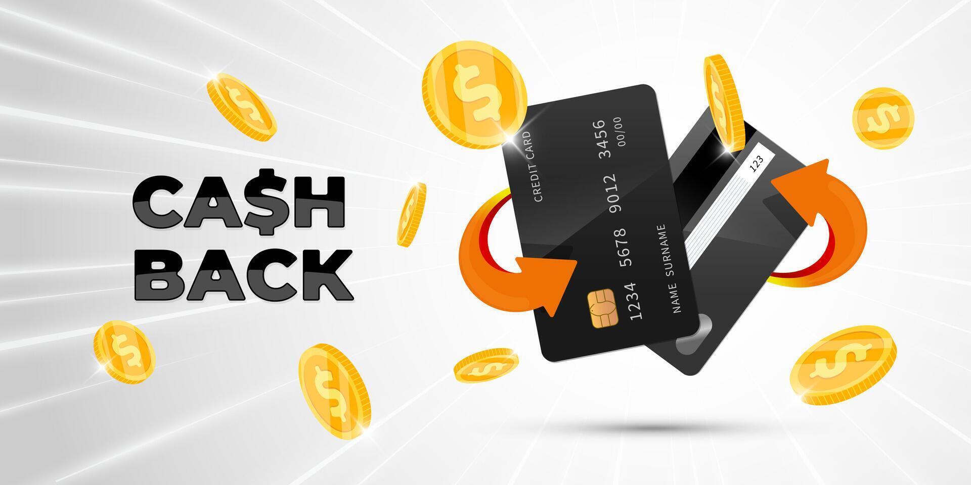 Golden coin cashback banner with bank credit card and arrow. Shiny poster for promo, sale, financial rewards or online shopping discounts. Perfect for marketing, banking and e-commerce ads vector