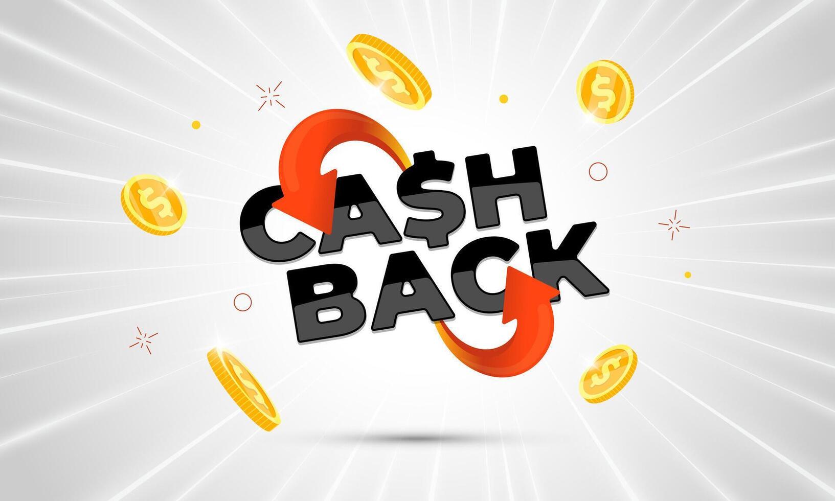 Golden coin cashback banner with bold inscription and arrow symbol. Shiny 3D illustration for promo, discount, financial rewards or online shopping offer. Perfect for marketing and business ads vector
