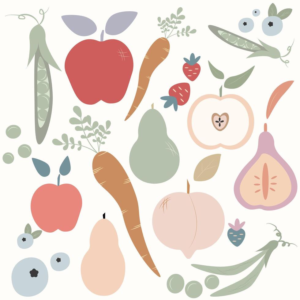 set of illustrations with vegetables and fruits vector