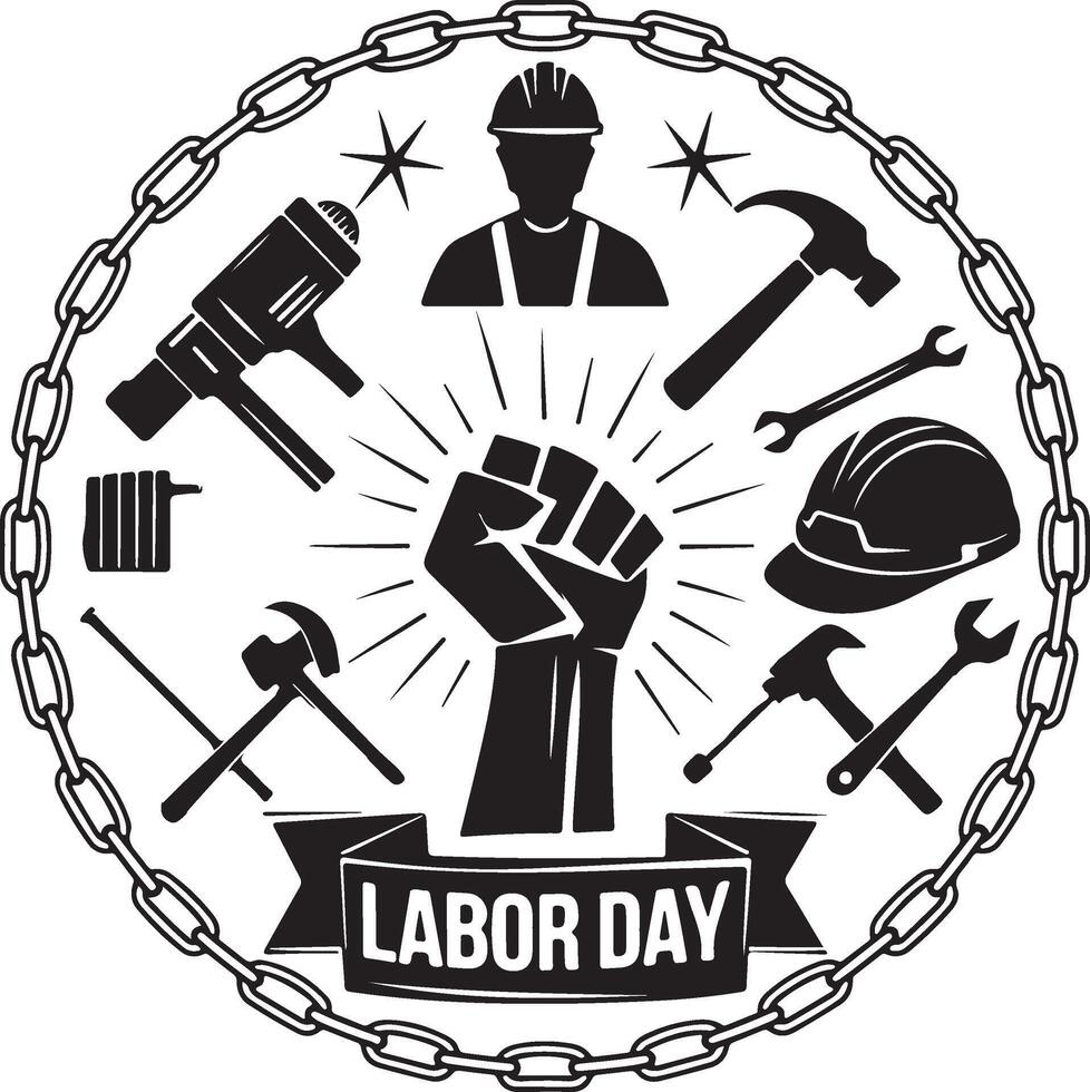 Labor Day Badge with Tools and Worker Symbols. vector
