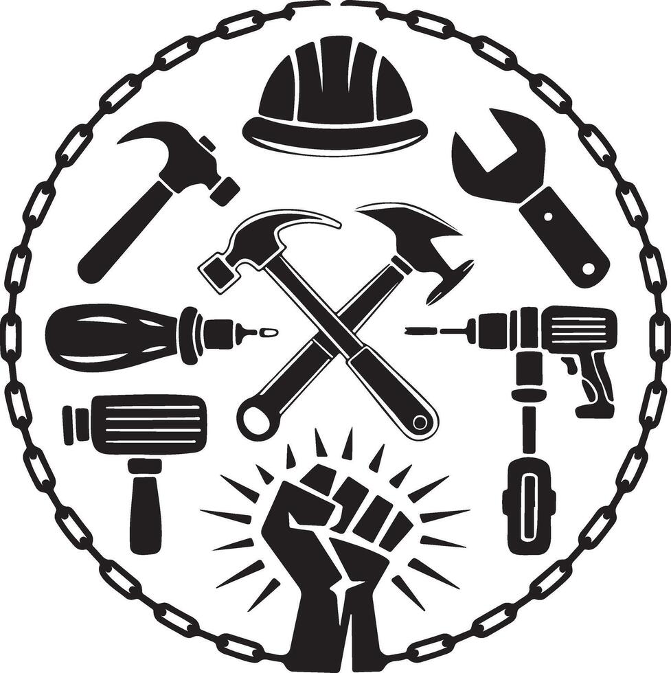 Labor Day Tools and Workers Emblem Illustration. vector