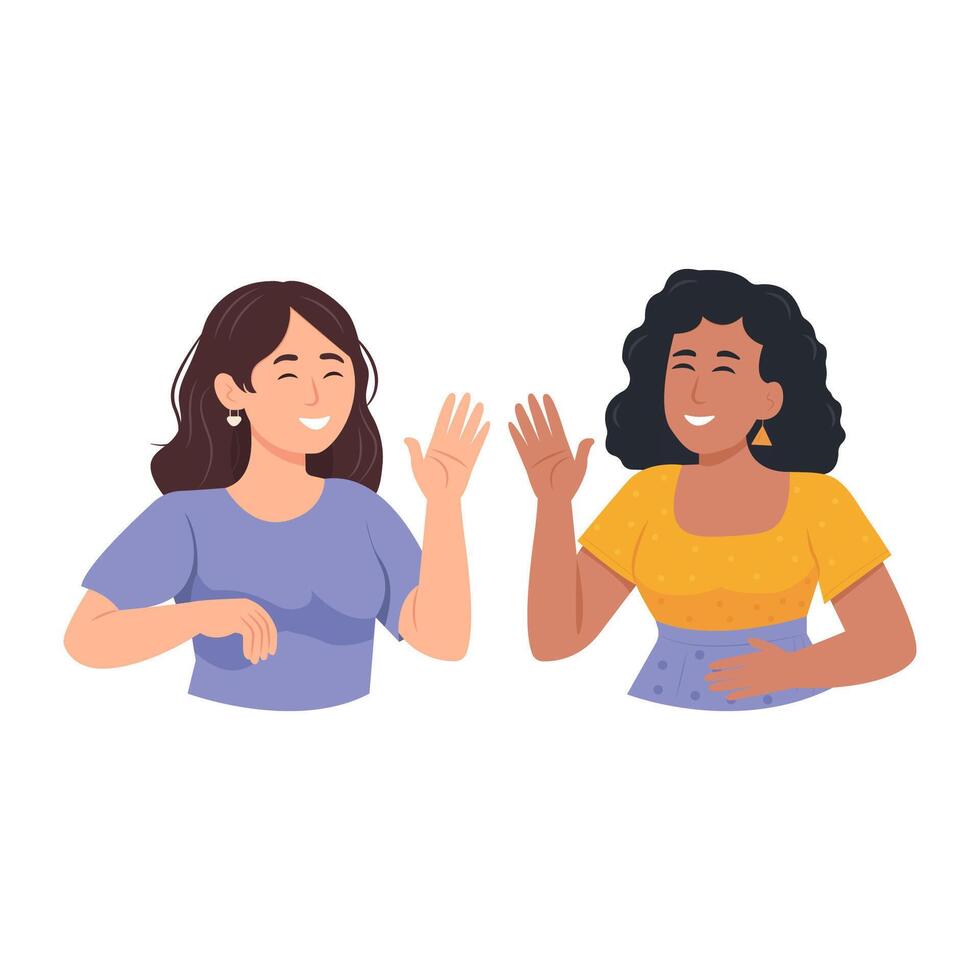 Happy young women greeting, waving with hand, hi gesture. Joyful communication. vector