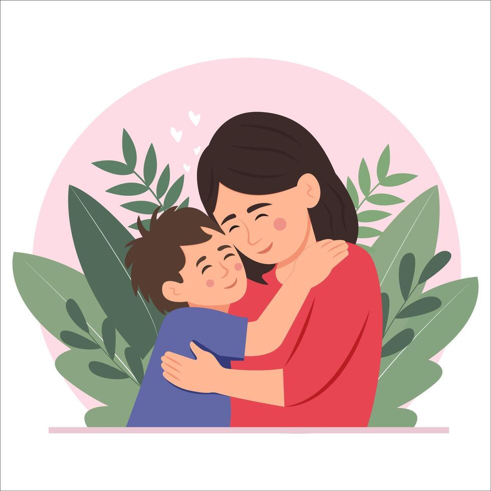 Mother's Day card.Happy son hugging her mother with love. Their Faces Aglow With Love, Eyes Closed, Encapsulating Eternal Bond In A Moment Of Serene Affection. vector