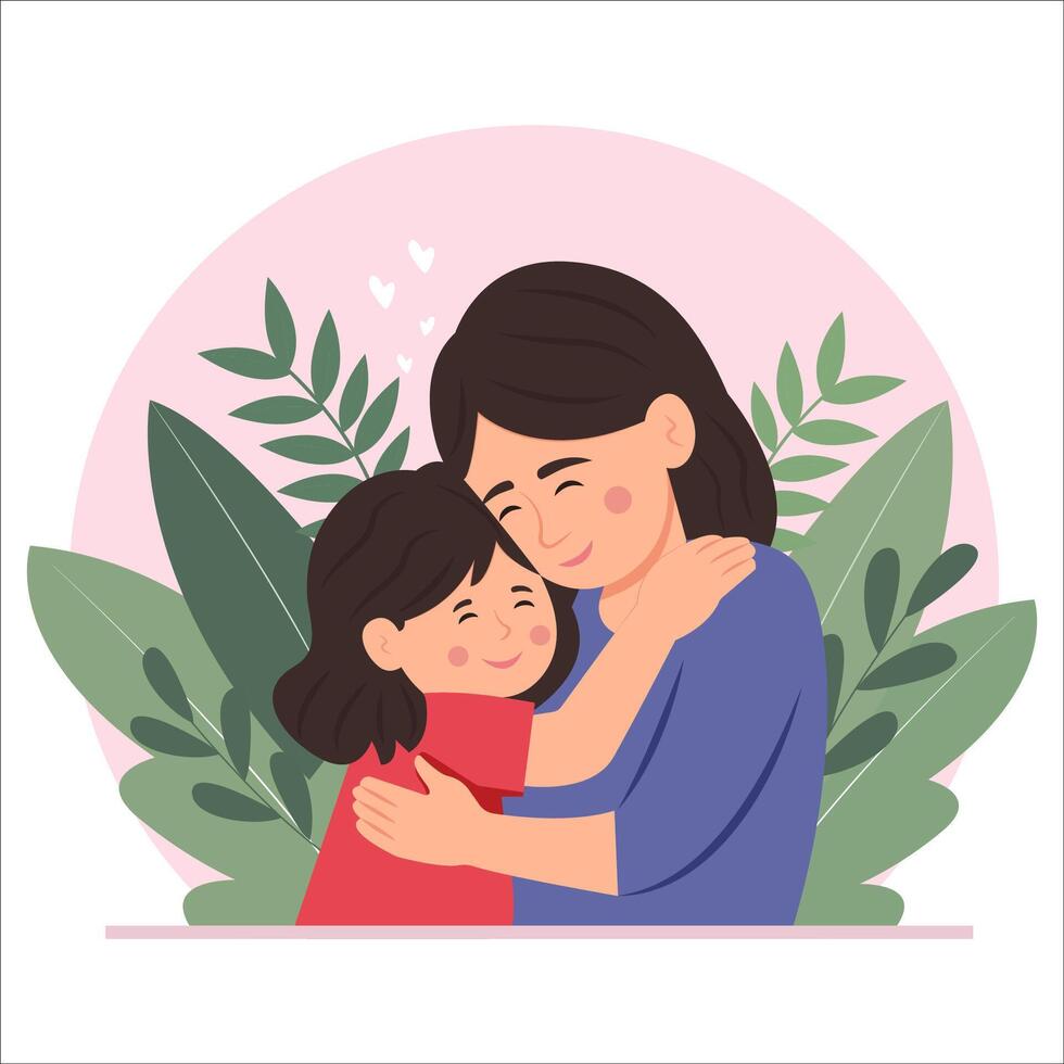 Mother's Day card.Happy daughter hugging her mother with love. Their Faces Aglow With Love, Eyes Closed, Encapsulating Eternal Bond In A Moment Of Serene Affection. vector
