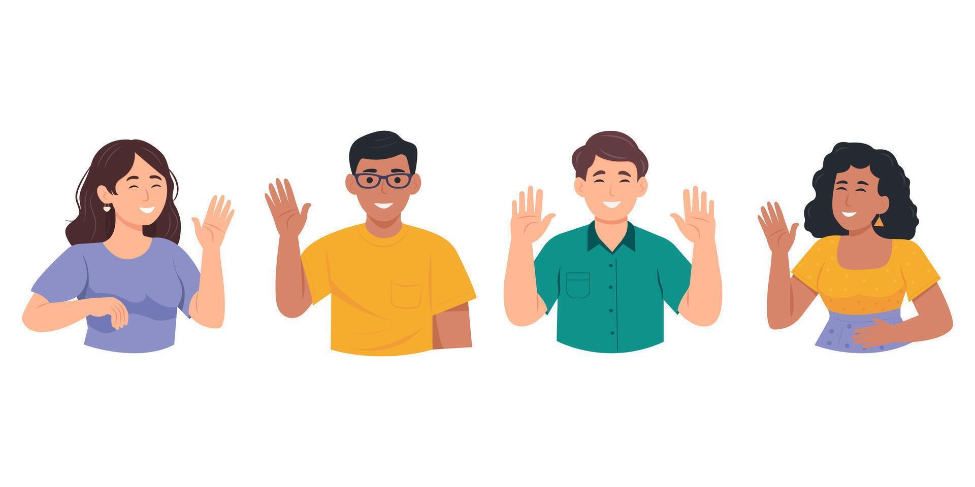 Friendly men and women saying hello and waving with hand. Hi or bye gesture. Happy people greeting and welcoming smb. vector