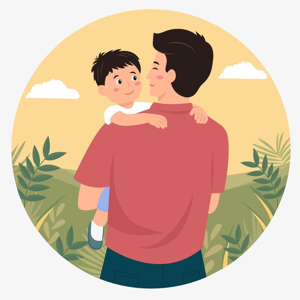 Happy father and son concept. Young positive father holding little son on hands. Father's Day. Greeting card vector