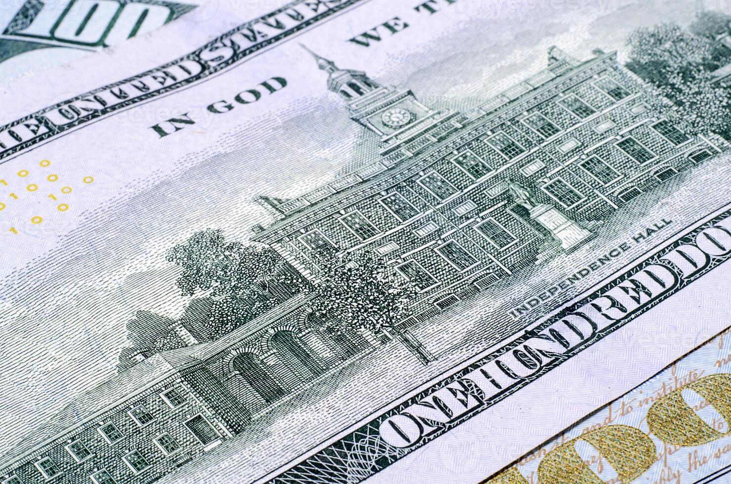 The banknote of one hundred US dollars the reverse side closeup photo