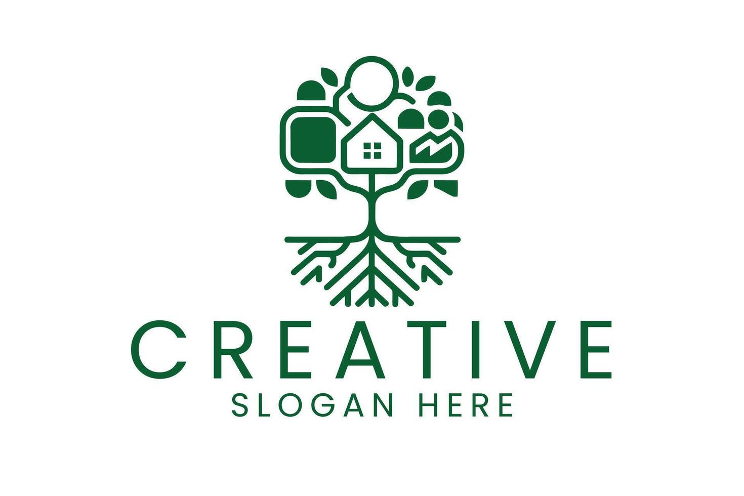 Green Abstract Tree Growth Business Design eco art icon home line roots vector