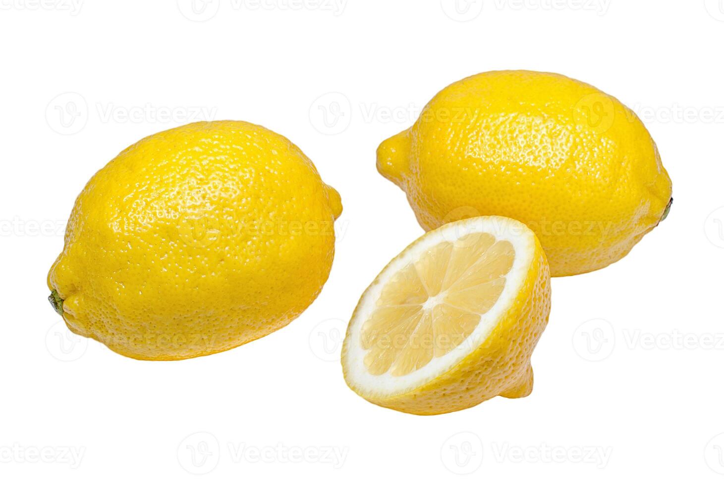 Juicy lemon and slices isolated on white background photo