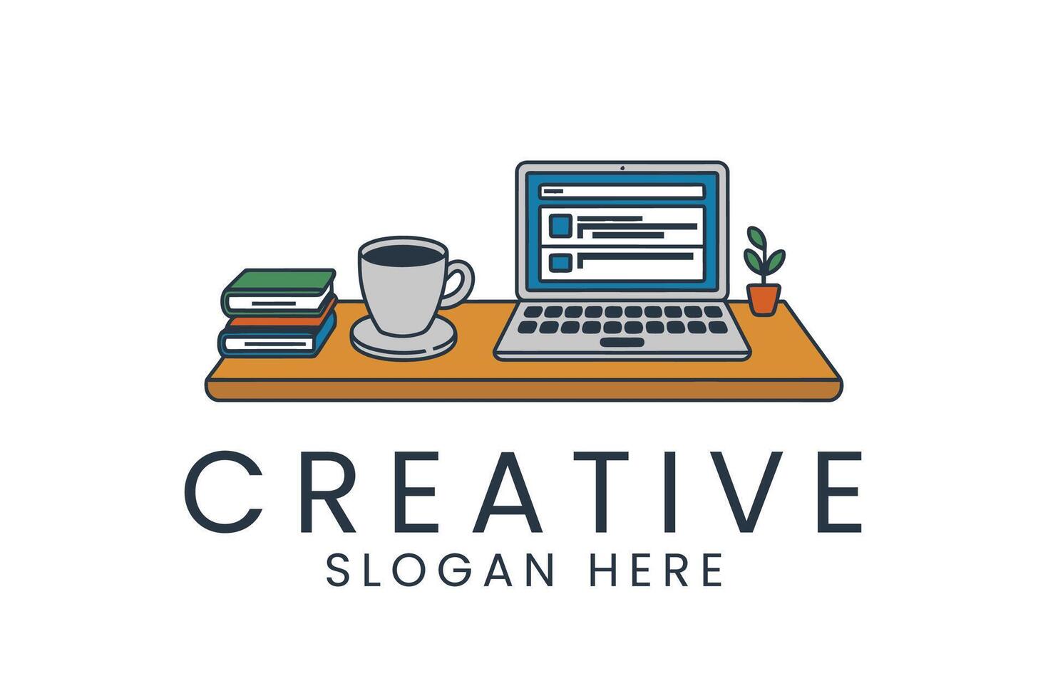 Modern Workspace Laptop Books Coffee Plant desk flat cozy home idea calm vector