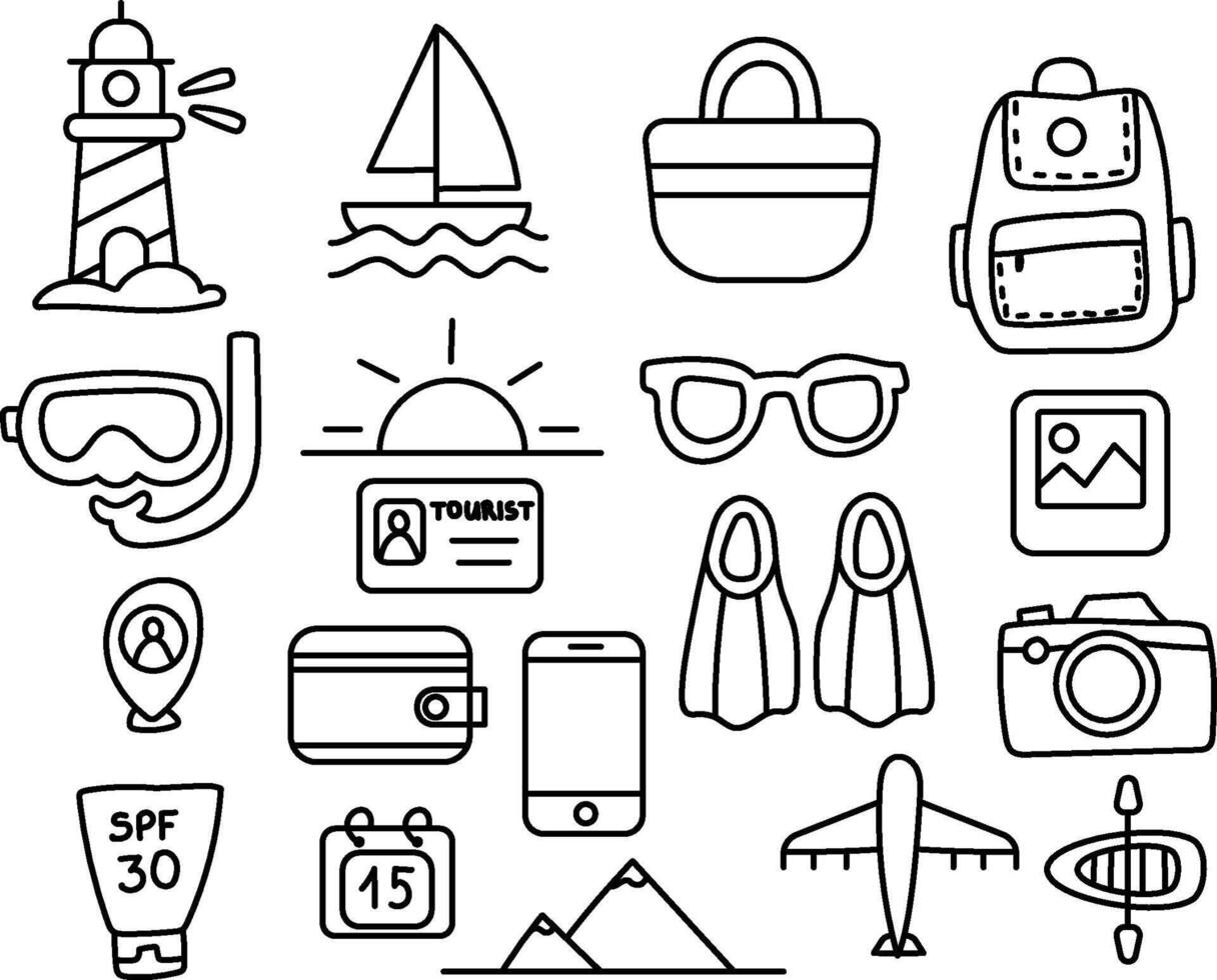 Doodle summer set of trip to the sea. Travel and adventure set. vector