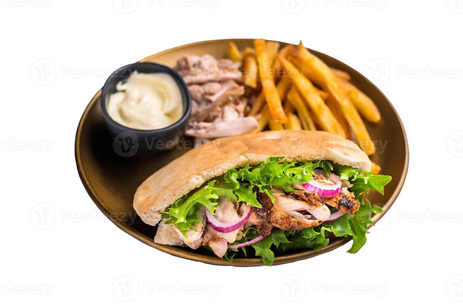 Grilled shawarma sandwich, Doner kebab with grilled chicken meat in pita bread isolated on white background photo