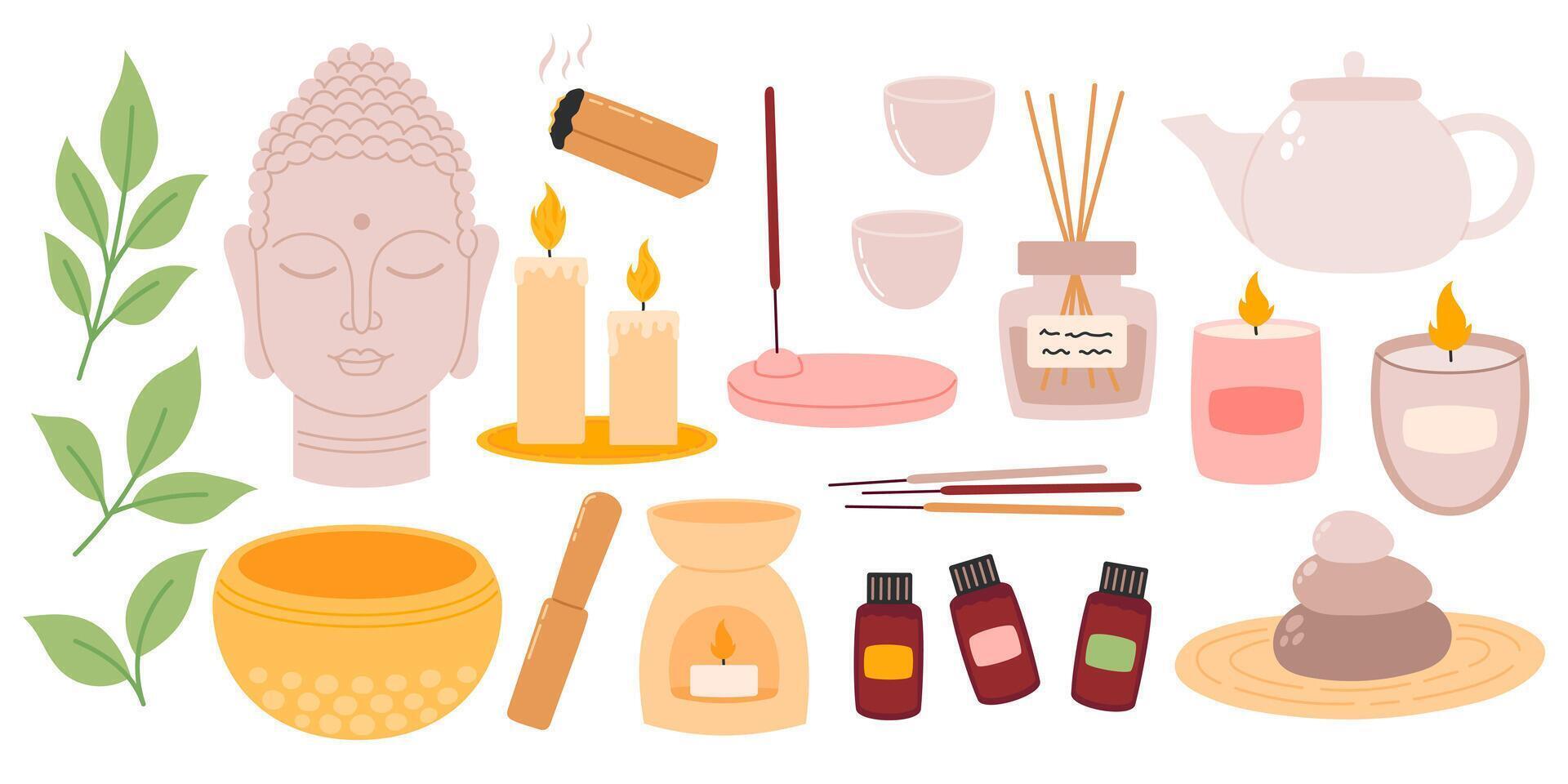Yoga and meditation elements set. Collection of things, equipment for relax, incense sticks, oils, tea, candle. Flat illustration isolated on white background vector