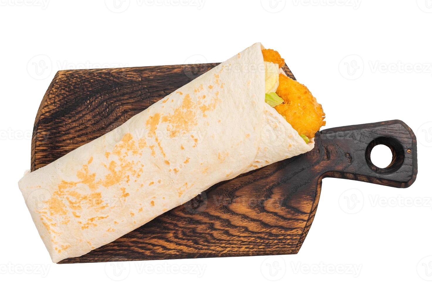 Shawarma wrap with shrimps, prawns and veggies isolated on white background photo