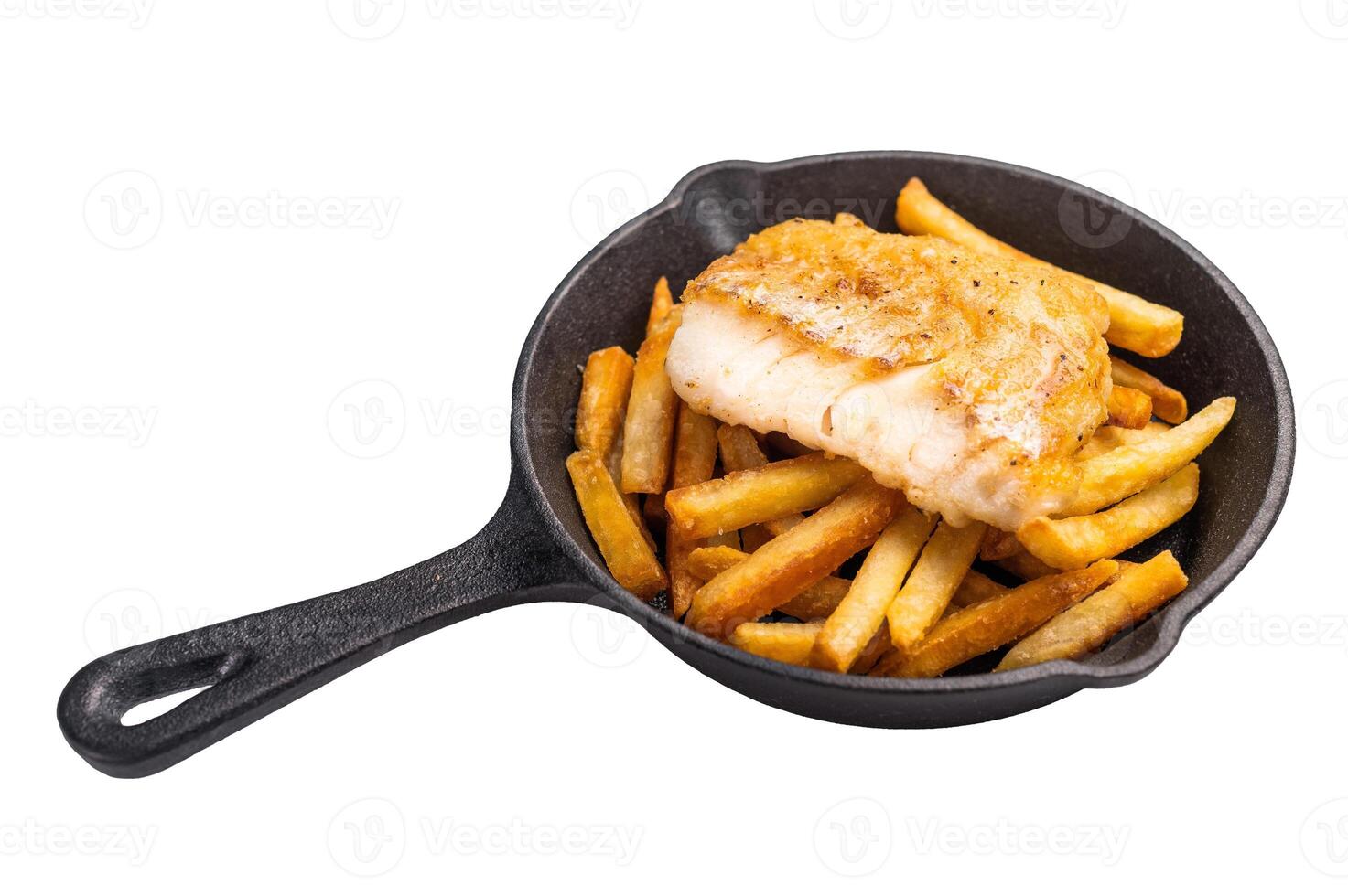 Fish and chips with roast white fish fillet and French fry in skillet isolated on white background photo