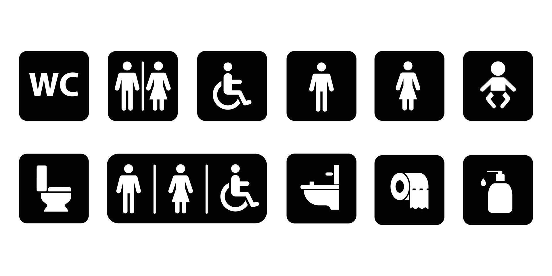 WC filled icons set. Toilet sign. Man, woman, mother with baby and handicapped silhouettes collection. Male and female restroom vector