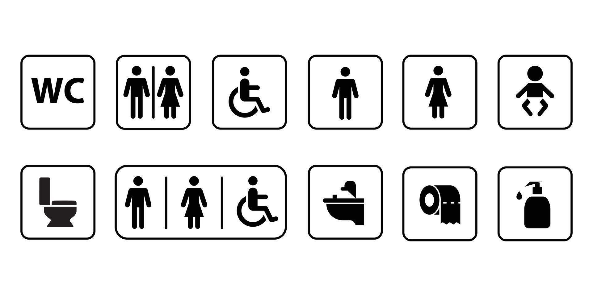 WC line icons set. Toilet sign. Man, woman, mother with baby and handicapped silhouettes collection. Male and female restroom vector