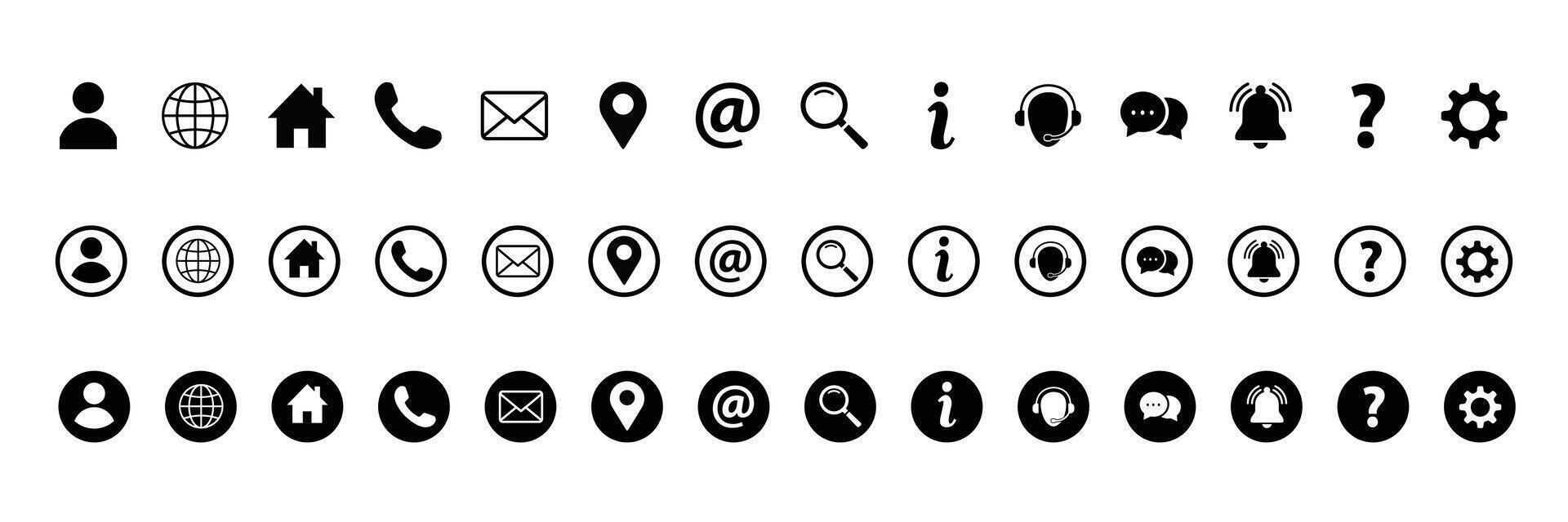 Web icon set. Home, location, call, at, email, address, globe, chat, message, mail, telephone, information, support, search, website, icon. Contact and web icons set. Website set icon vector