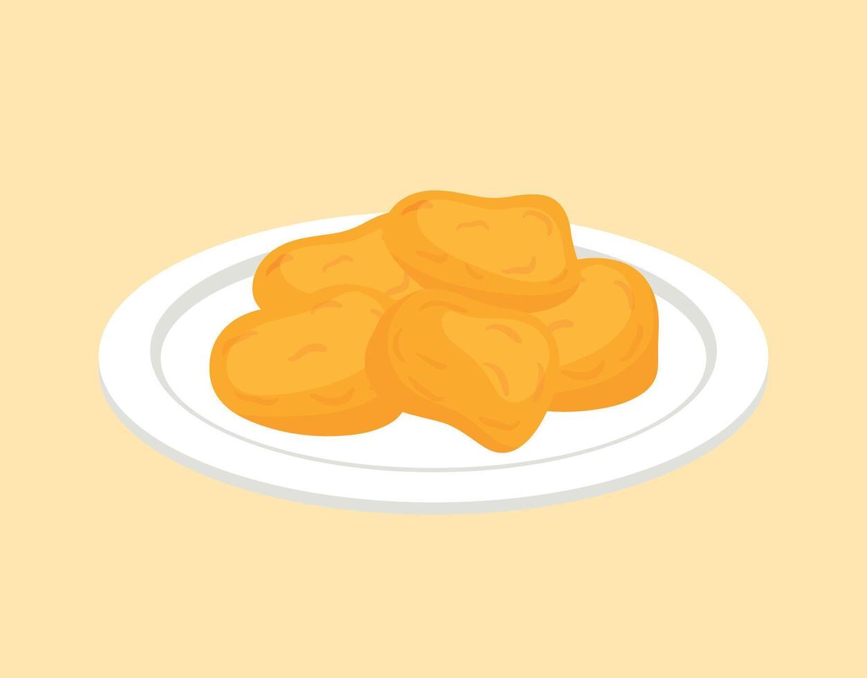 Chicken Nuggets on White Plate Fast Food Icon in Cute Cartoon Hand Drawn Illustration vector
