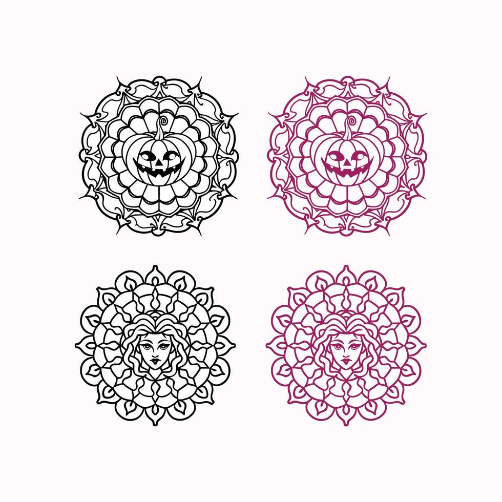 Halloween mandala lineart set in white background. vector