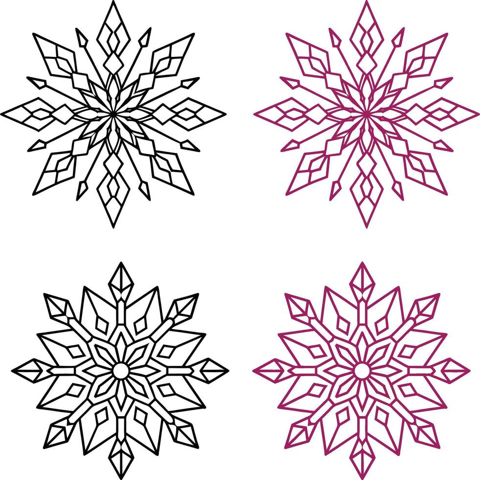 Set of snowflakes mandala line art colouring page. vector