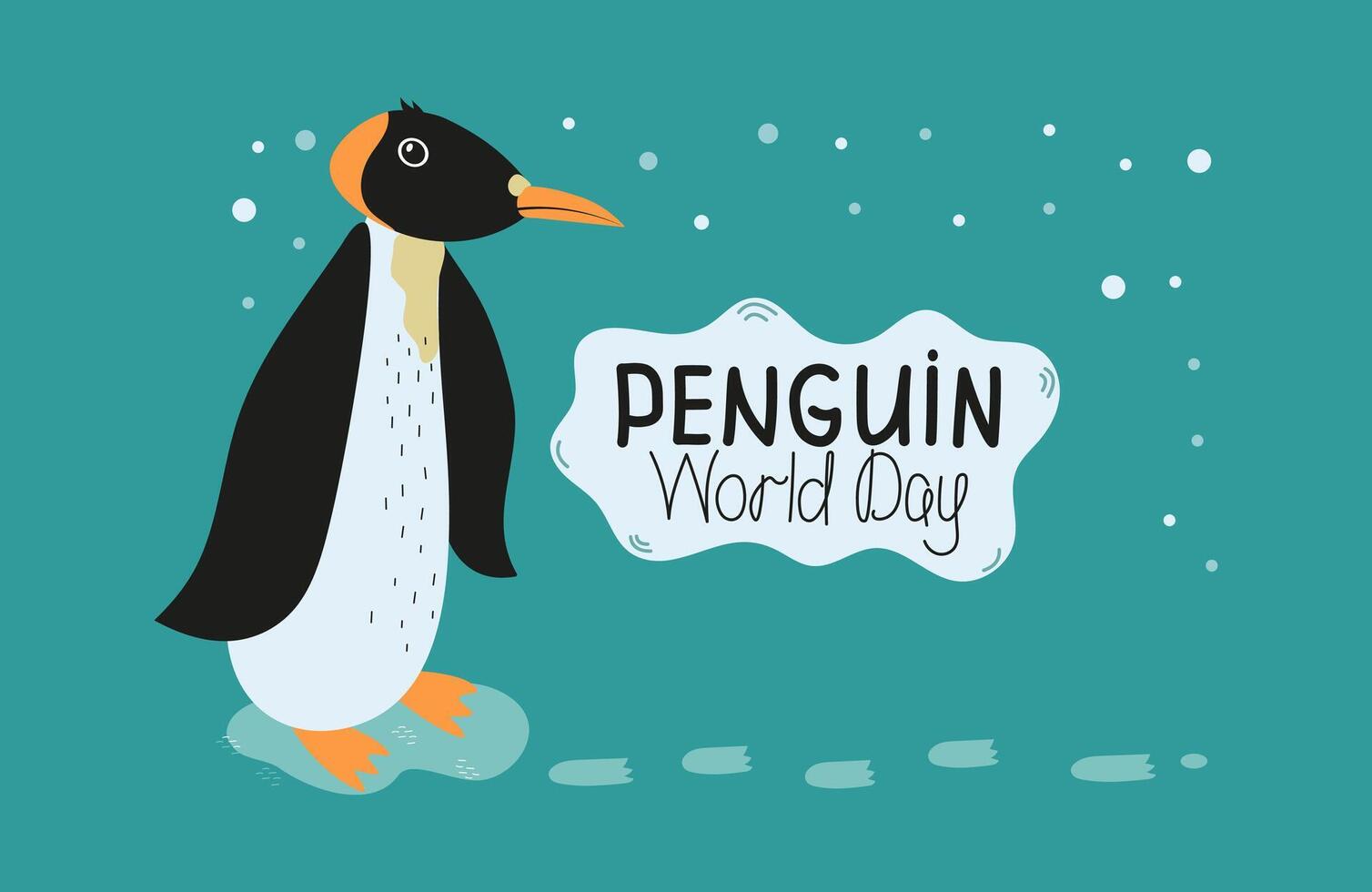 Cute penguin, snow. World Penguin Day. Banner, postcard. Penguin Awareness Day. Antarctic animal, polar bird. Paw prints, paw prints, paw prints. Frame, postcard design, flyer. vector
