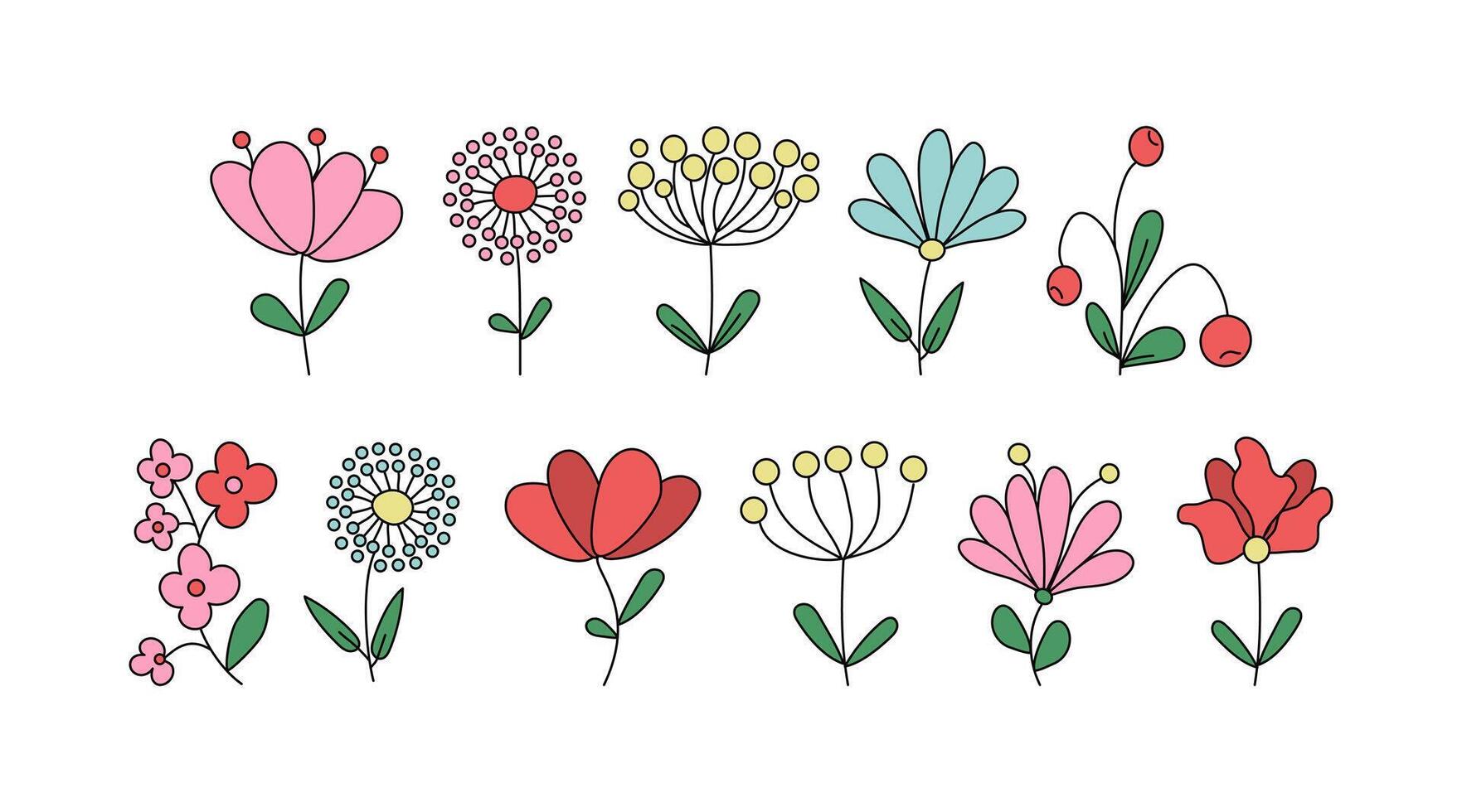Abstract brightly colored flowers, berries, leaves. Floristic set of simple drawings of plants. Illustration, doodle on white isolated background. vector