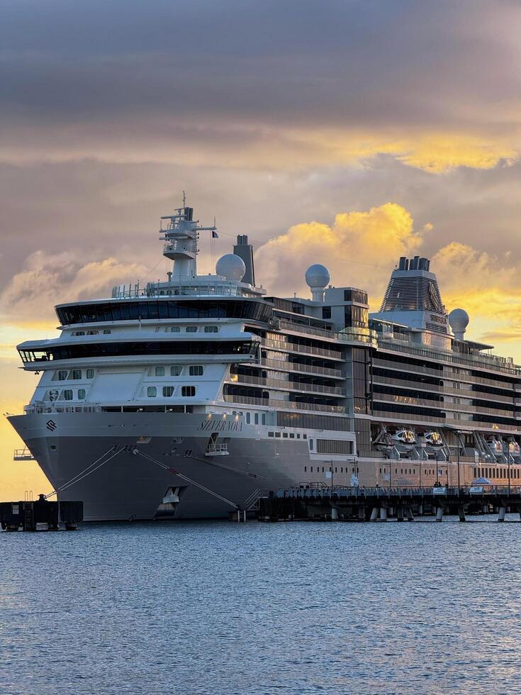 Puerto Rico, San Juan 10.22.2023 Luxury cruise ship docked at sunset photo