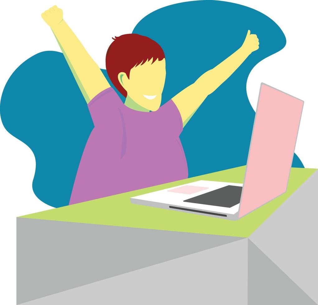 Happy Person Celebrating Success in Front of Laptop - Flat Design Illustration of Productivity and Achievement at Work Desk vector