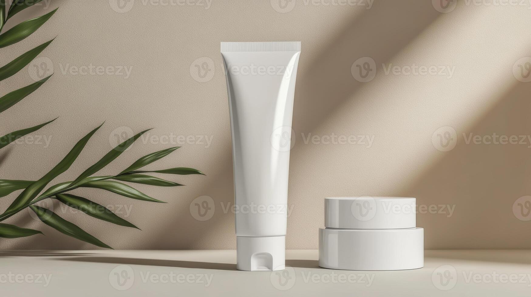 A tube of cream and a container of cream next to a plant photo