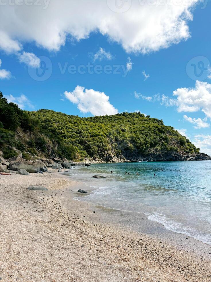 Tropical beach with swimmers and lush hills. Summer Vocation Trip vibe photo