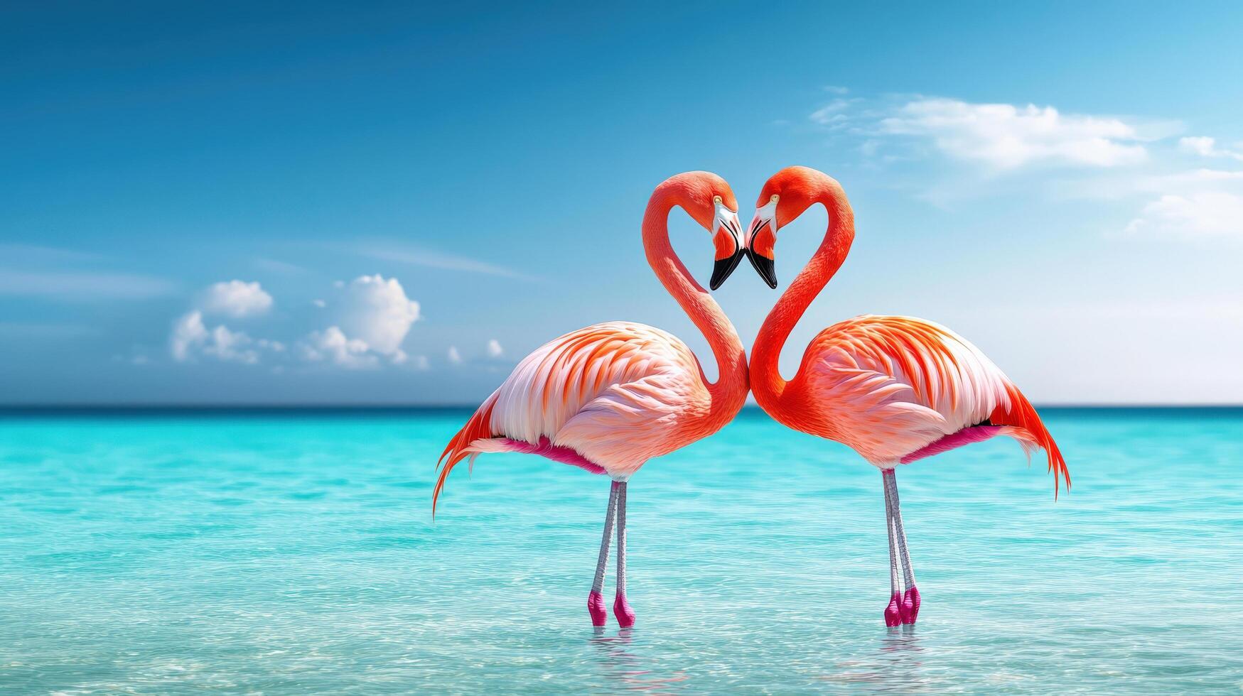 Two flamingos standing in the ocean with their heads in the shape of a heart photo