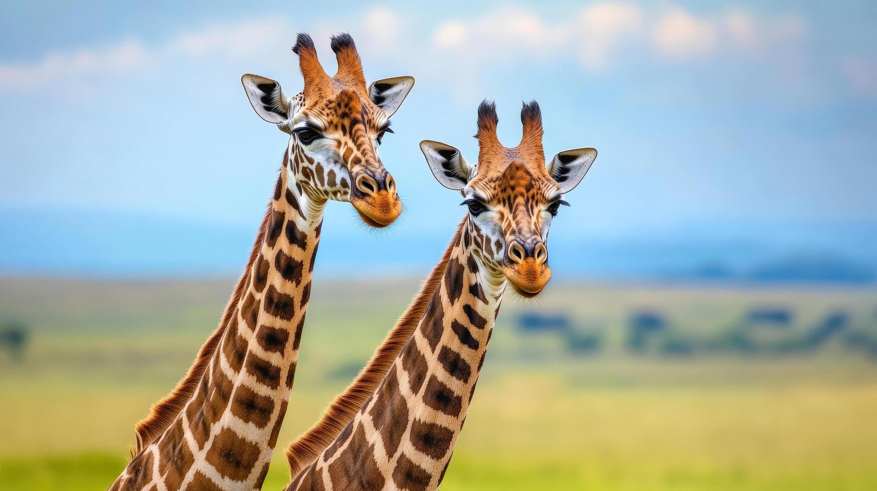 Two giraffes standing in the grass with a blue sky in the background photo