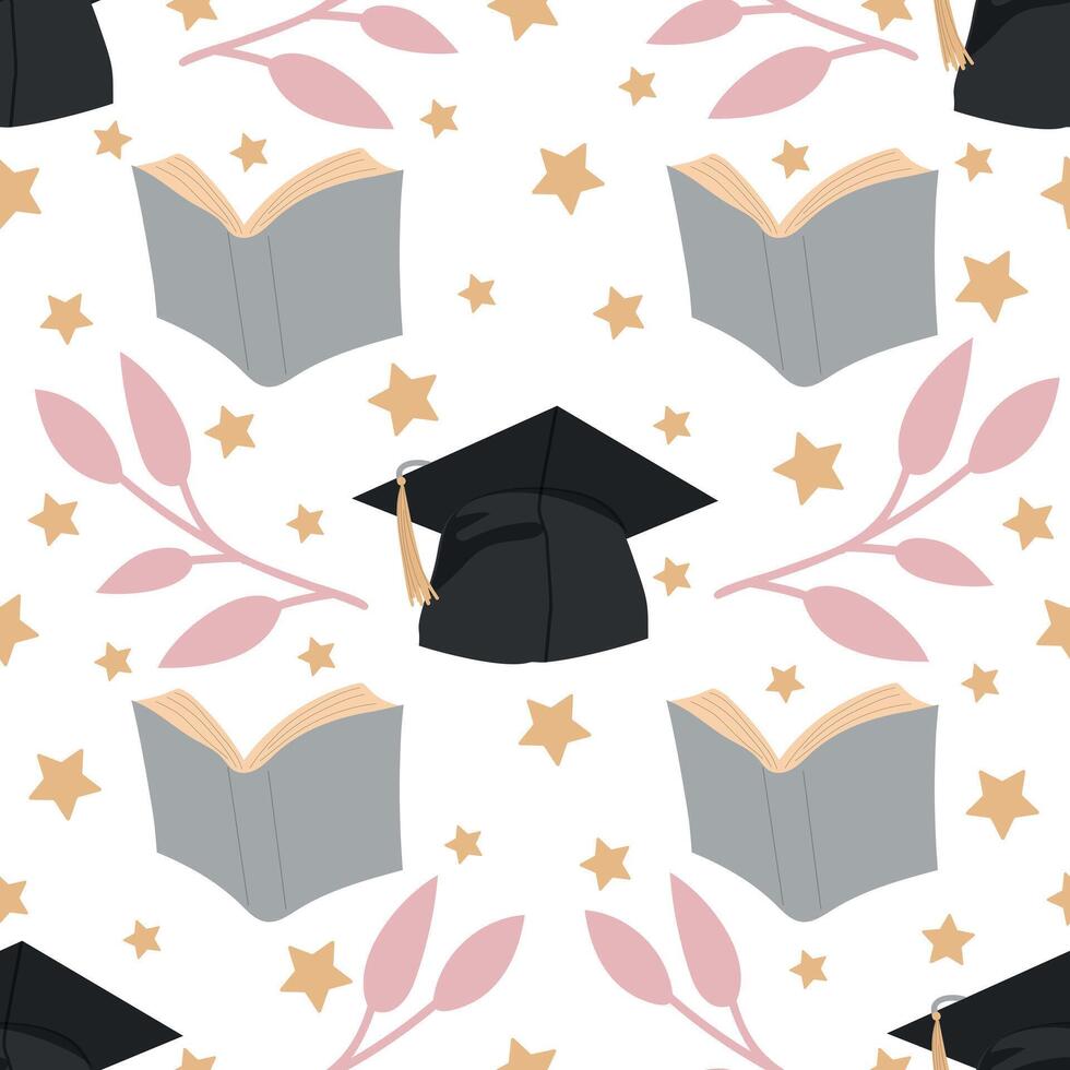 Seamless graduation pattern with books and mortarboards. vector