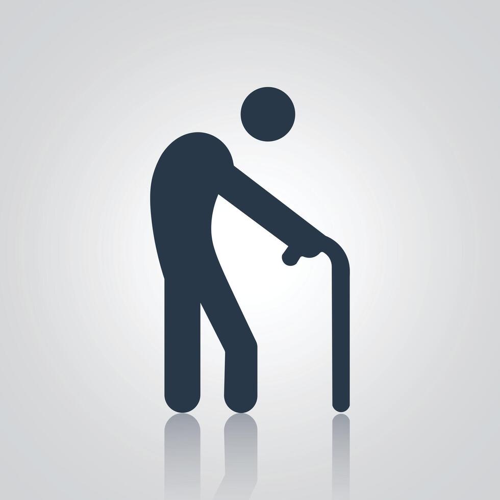 Person walking with cane, old man icon, with a silver background vector
