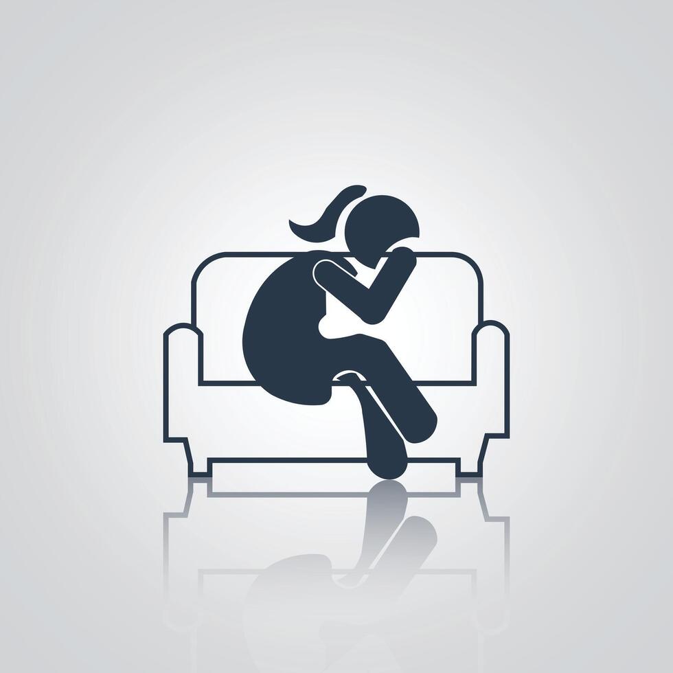 Pictograms of girl sitting of sofa tense, with a silver background vector