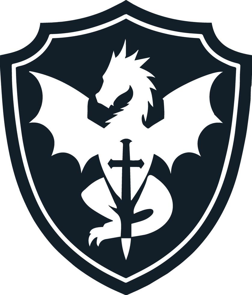 Bold shield icon, silhouette illustration with dragon, cutout logo for security vector