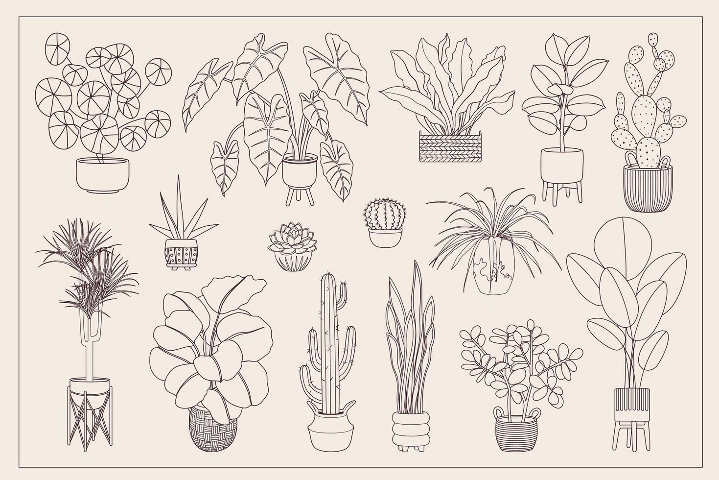 Potted plant outline icon set. Line art indoor house plants in flowerpots. Doodle sketch house plants in pots for home decor. Botanical illustration for cards, banners, web design, and posters. vector