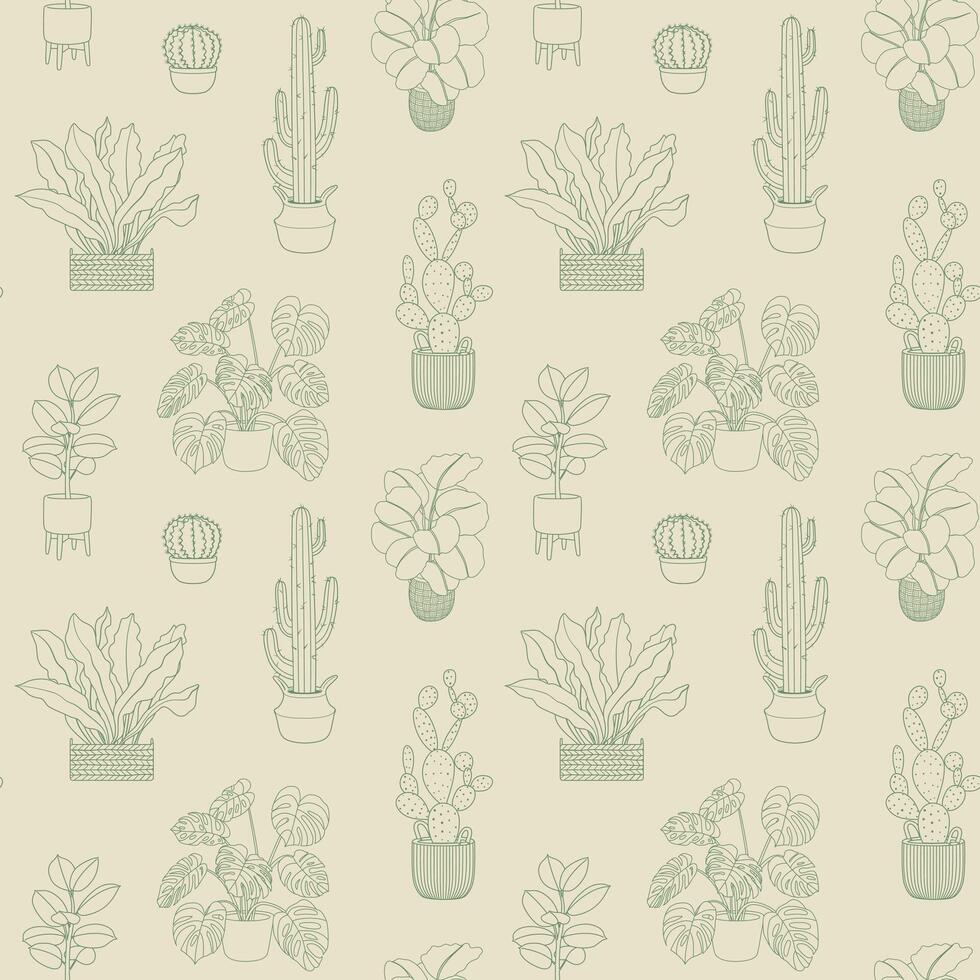 Houseplant seamless pattern. Outline doodle seamless pattern with hand drawn potted plants, cacti, monstera, and ficus on a light background. Line sketch for wrapping paper, fabric, wallpaper. vector