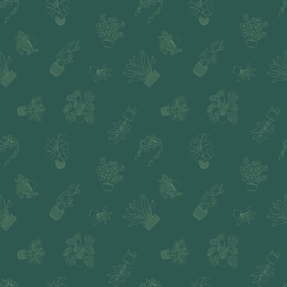 Houseplant seamless pattern. Outline doodle seamless pattern with hand drawn potted plants on a green background. Floral line sketch for wrapping paper, fabric, wallpaper, and product design. vector
