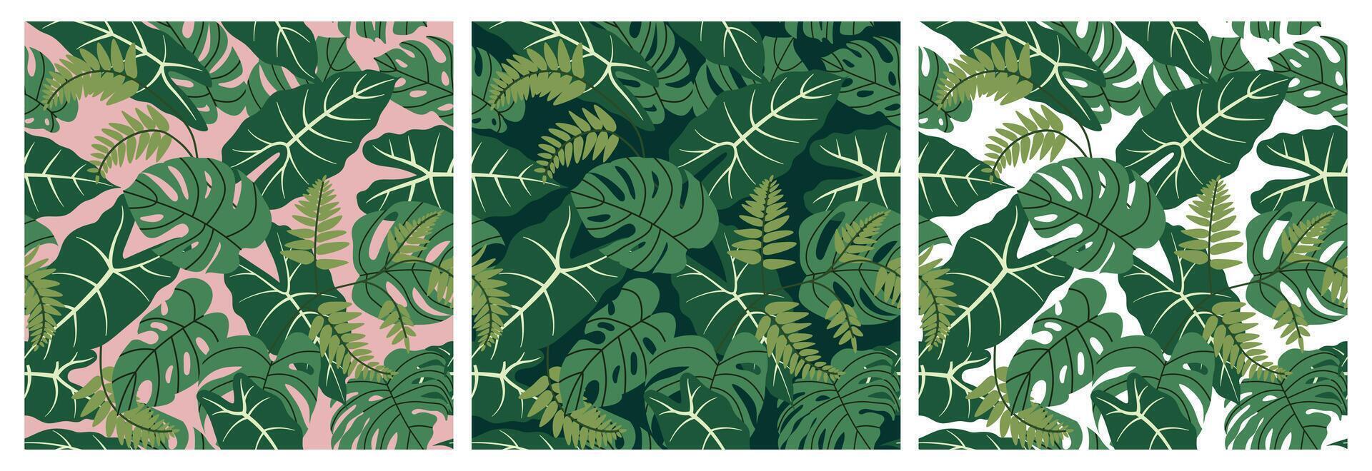 Tropical leaves seamless pattern set. Exotic plant leaves on a green, pink, and white background. Jungle leaves botanical patterns for packaging, textile, or wallpapers. Flat illustration. vector