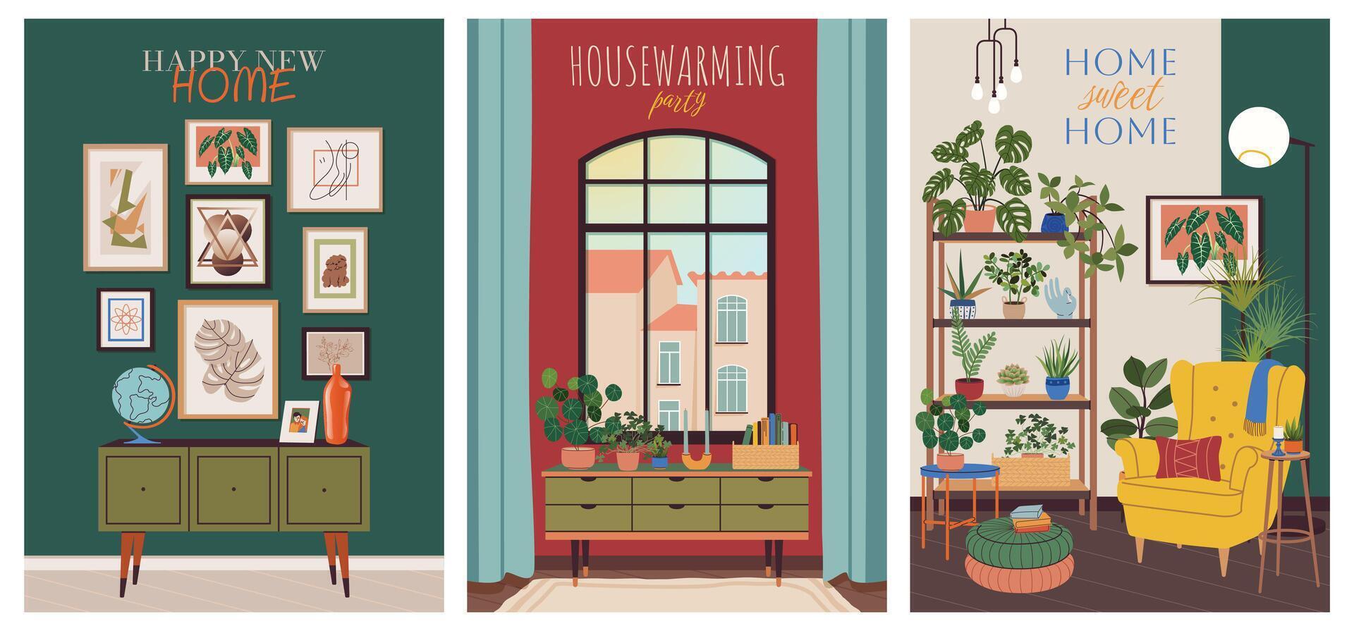 Housewarming party invitation or greeting card set. Living room interior scene, furniture in mid-century modern style. New home, place to live in celebration. Flat postcard, banner illustration vector